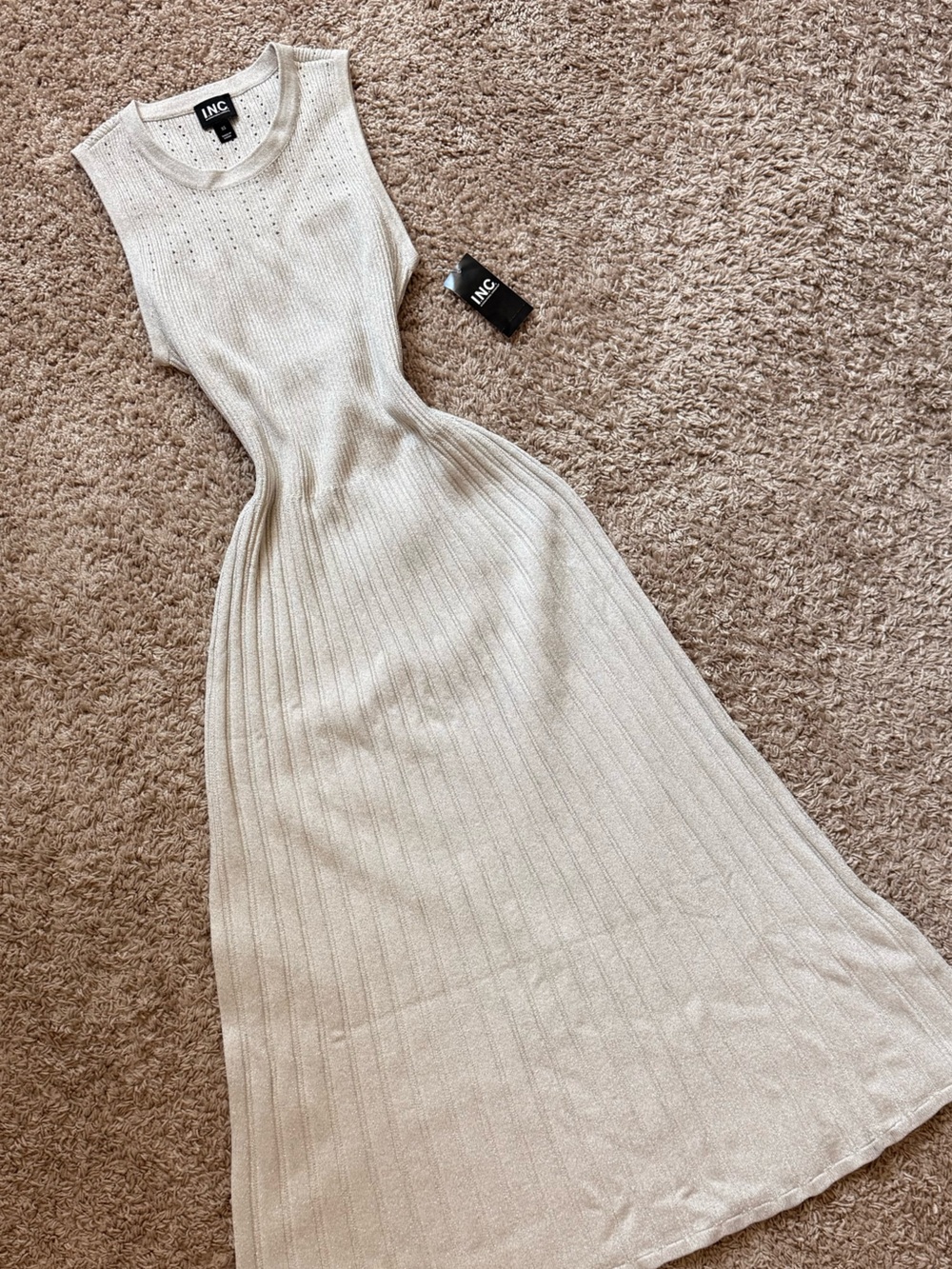INC International Concepts Cream Sleeveless Ribbed A-Line Midi Dress